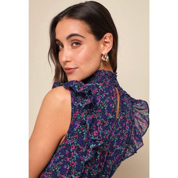 Lulus Evalina Navy Blue Floral Print Mock Neck Midi Dress, Size XS - Picture 6 of 13